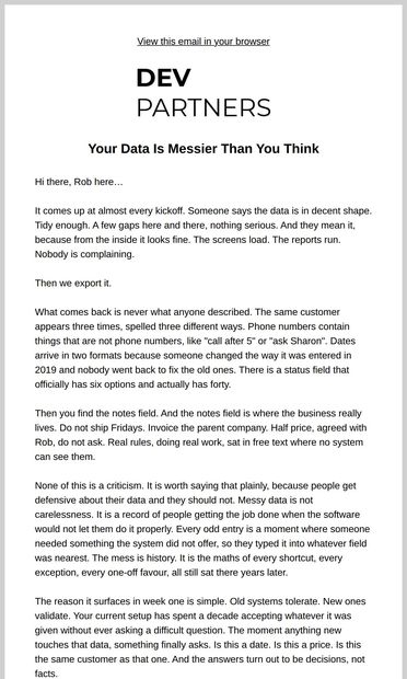 Your Data Is Messier Than You Think - email from Dev Partners