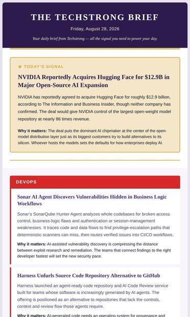 Today's Signal: NVIDIA acquires Hugging Face for $12.9B, Sonar
 ships AI security agent, Chinese models overtake U.S. - email from DevOps.com