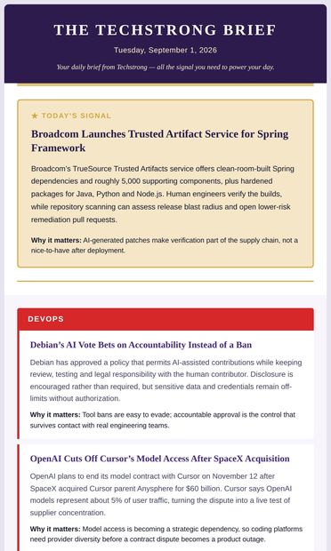 Today's Signal: Broadcom ships trusted Spring artifacts, Debian OKs
 AI, Chinese AI courts hyperscalers - email from DevOps.com