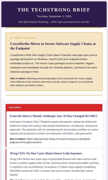 Today’s Signal: CrowdStrike Targets Supply-Chain Attacks, JFrog Says Source Code Is Dead, Prophecy Adds AI Agents - email from DevOps.com
