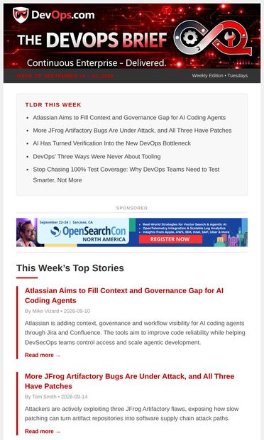Latest Updates: Atlassian Fills the AI Coding Agent Governance Gap,
 JFrog Artifactory Bugs Still Under Active Attack - email from DevOps.com