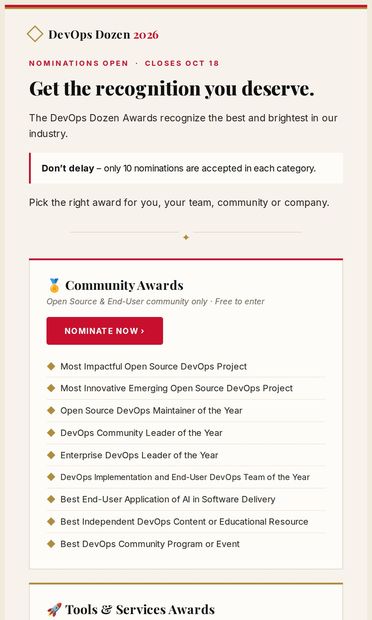 Get the Recognition You Deserve - Nominate now! - email from DevOps.com