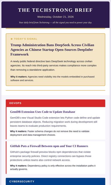 Today's Signal: DHS restricts DeepSeek, GitHub filters npm, CIOs
confront AI risk - email from DevOps.com