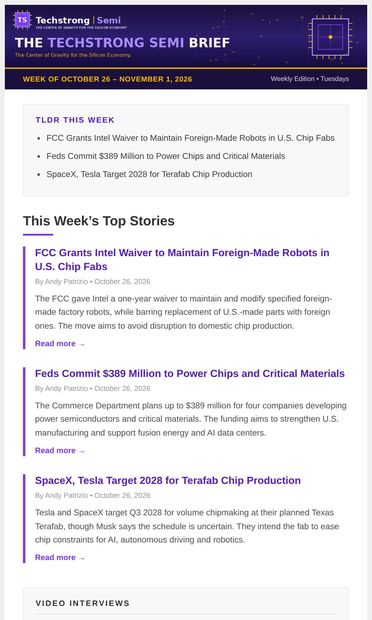 Latest Updates: FCC clears Intel's foreign-made fab robots, feds
commit $389M to power chips, SpaceX and Tesla target 2028 for Terafab - email from DevOps.com