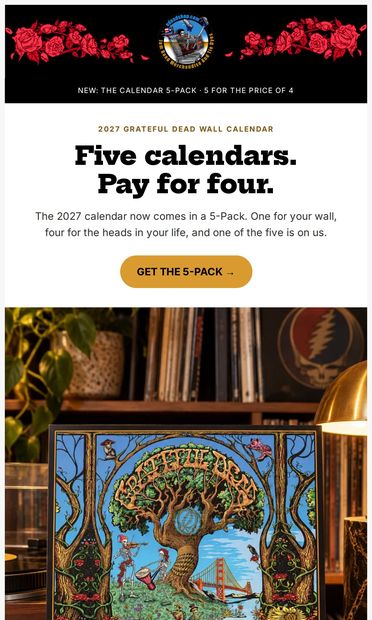 Dead calendars, buy four get five - email from e Dead Shop