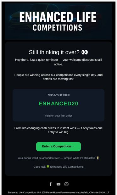 ⏰ Your 20% welcome bonus is still waiting - email from Enhanced Life Competitions