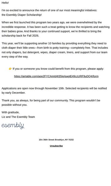 Fall Diaper Scholarship Application is now open 💚 - email from Esembly