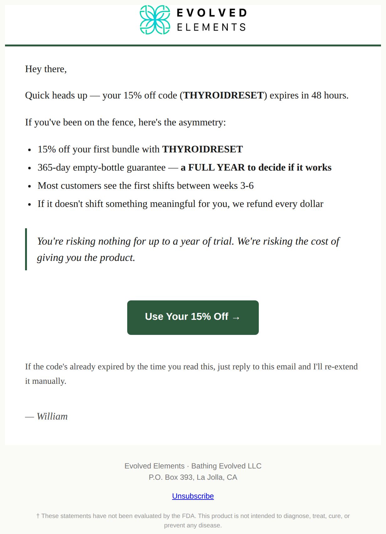 Your 15% code expires Friday - email from Evolved Elements