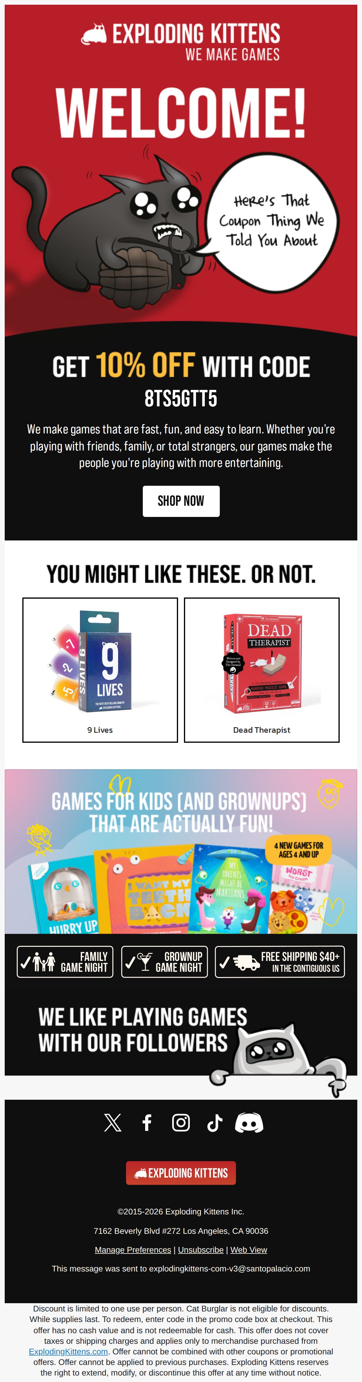 Hey, here's your 10% discount code! - email from Exploding Kittens
