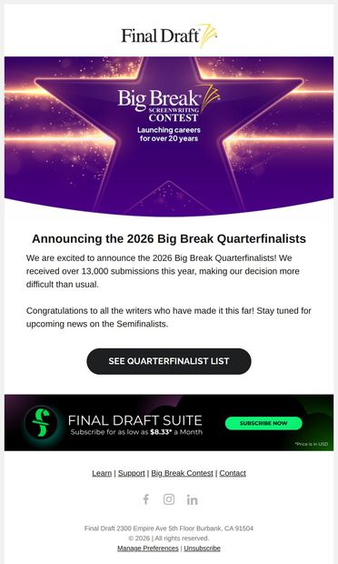 Announcing the Big Break 2026 Quarterfinalists 🎉 - email from Final Draft