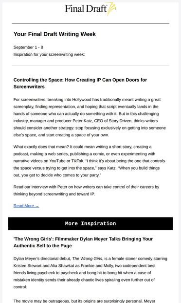 Why Every Screenwriter Should Be Creating IP - email from Final Draft