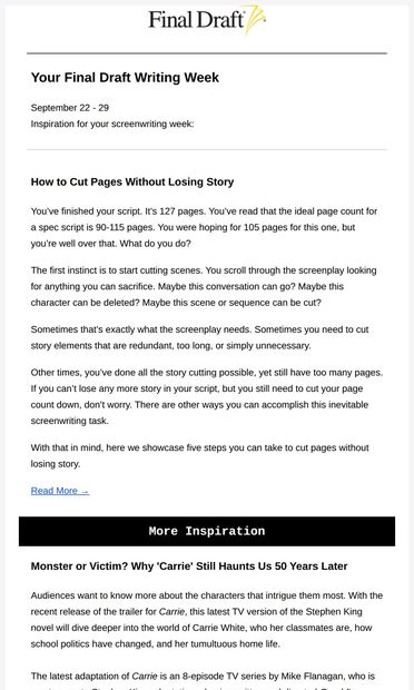 Tips for Editing Without Sacrificing Story ✂️ - email from Final Draft