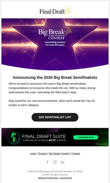 Announcing the Big Break 2026 Semifinalists 🎉 - email from Final Draft