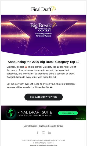 Announcing the Big Break 2026 Category Top 10 🎉 - email from Final Draft