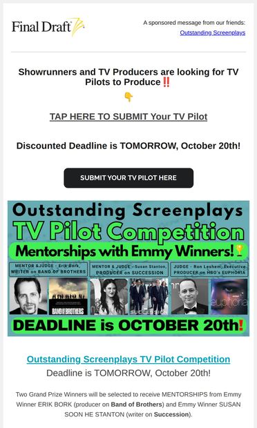 TV Pilots Wanted – Deadline is TOMORROW! - email from Final Draft