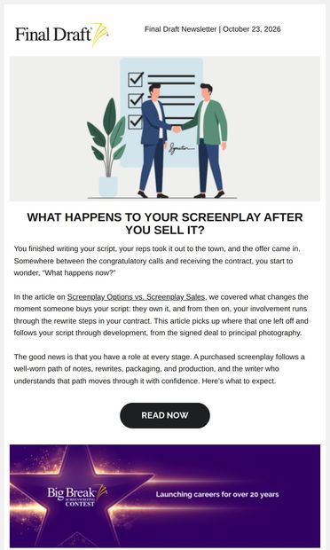 From Sale to Screen: Your Next Steps! 💸🎬 - email from Final Draft