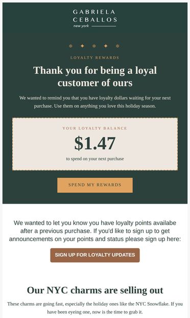 You have a credit! Use it today on your new jewelry 💎 - email from Gabriela Ceballos