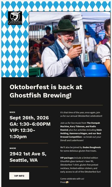 Prost 🍻! Oktoberfest is back at Ghostfish Brewing! - email from Ghostfish Brewing