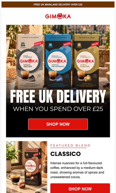 Enjoy FREE UK Delivery - email from GimokaCoffeeUK