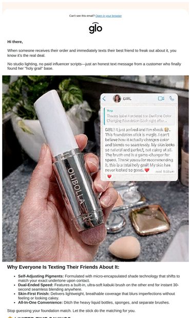 RE: "GIRL! It just arrived and I'm shook 😱..." - email from Glo7.