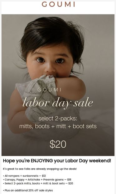 Hurry! Labor Day steals on mitts & boots & more! - email from goumikids