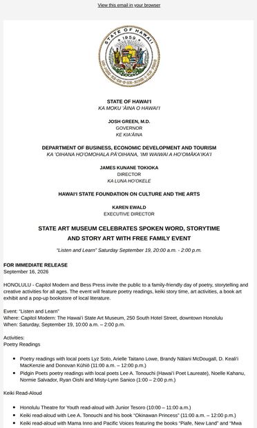 News Release: State Art Museum Celebrates Spoken Word, Storytime and Story Art - email from Hawaiʻi State Foundation on Culture and the Arts