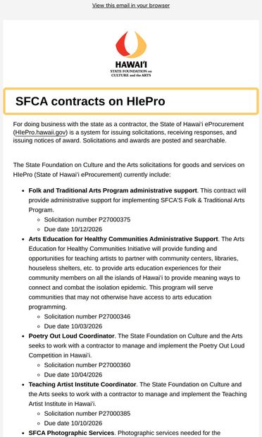 SFCA contract work: admin support, logisitics, and coordination - email from Hawaiʻi State Foundation on Culture and the Arts