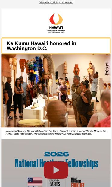 Streaming live at 11:30 a.m.: NEA National Heritage Fellowship Award Ceremony - email from Hawaiʻi State Foundation on Culture and the Arts