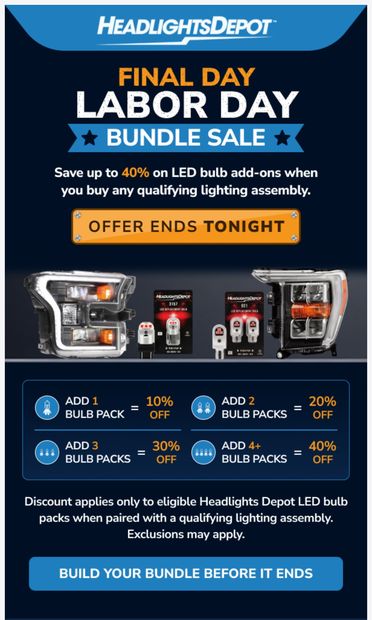 Ends Tonight! Save up to 40% on LED bulb add-ons - email from Headlights Depot