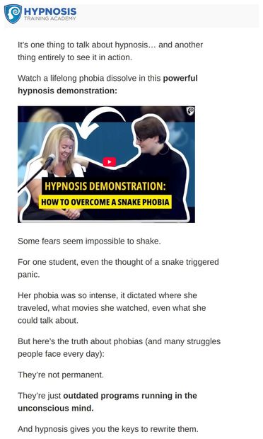[DEMO] Watch a snake phobia dissolve in real-time - email from Hypnosis Training Academy