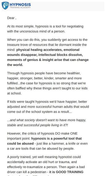 The dark side of hypnosis (and why we reject it) - email from Hypnosis Training Academy