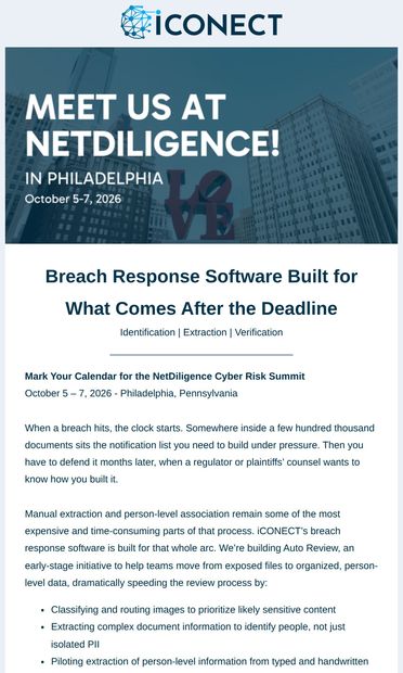 Let’s Talk About Breach Response at NetDiligence - email from iCONECT