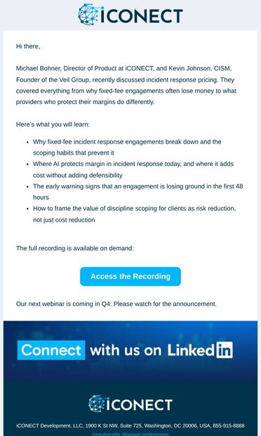 Watch the incident response webinar on demand - email from iCONECT