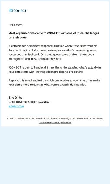 A purpose-built platform for responding to data events - email from iCONECT