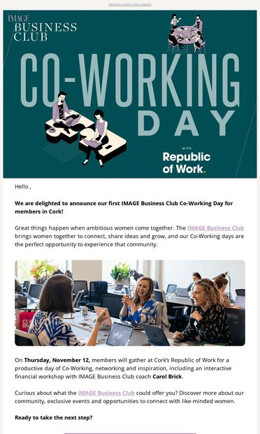 Announcing our next Co-Working day in CORK! - email from IMAGE