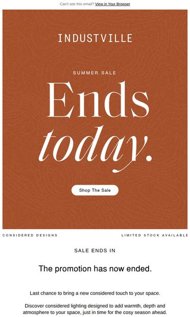Final Hours - Summer Sale Ends Tonight - email from Industville