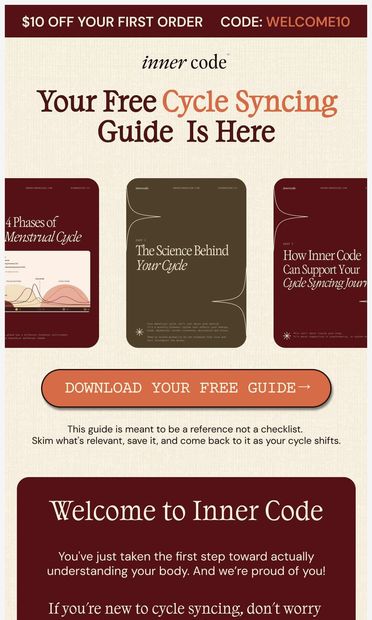 Your cycle syncing guide is here 🤎 - email from Inner Code