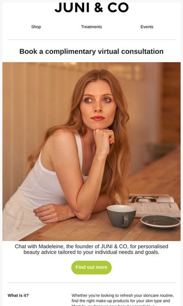 Book a complimentary virtual consultation - email from Juni & Co