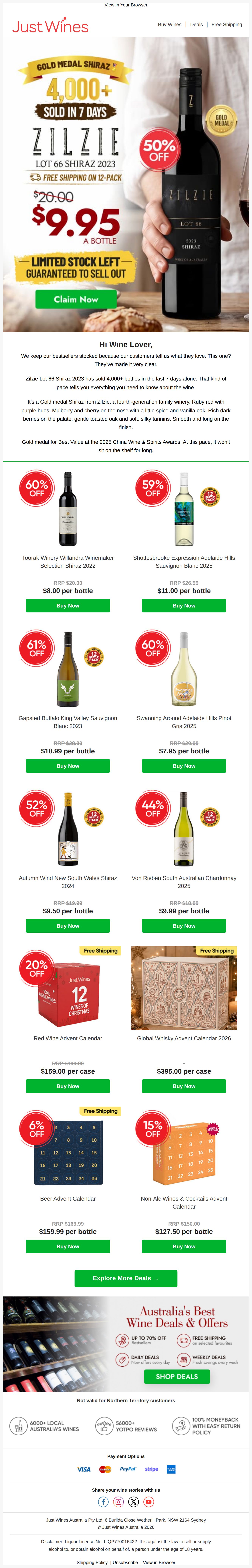 4k+ Sold in 7  Days:🏅Zilzie  Lot 66 Shiraz 2023 Just $9.95 - email from Just Wines