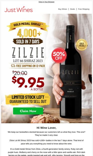 4k+ Sold in 7 Days:🏅Zilzie Lot 66 Shiraz 2023 Just $9.95 - email from Just Wines