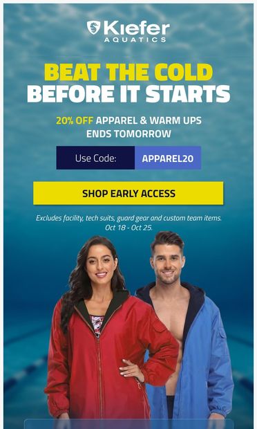 Cold mornings, warmer layers + 20% OFF! - email from Kiefer Aquatics