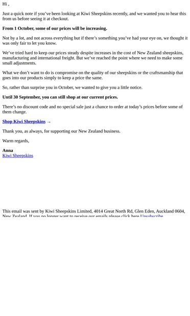 Our prices change on 1 October - email from Kiwi Sheepskins