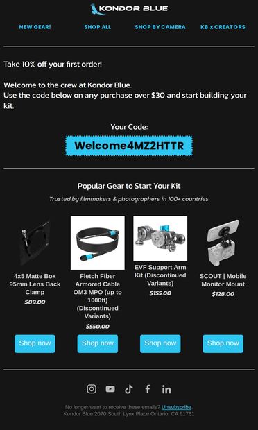Your 10% Off Code Is Inside 🚀 - email from Kondor Blue