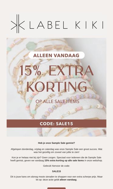 🚨 15% EXTRA korting op ALLE sale items ALLEEN vandaag! - email from Label Kiki
