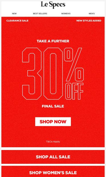 CLEARANCE SALE /// FURTHER 30% OFF - email from Le Specs