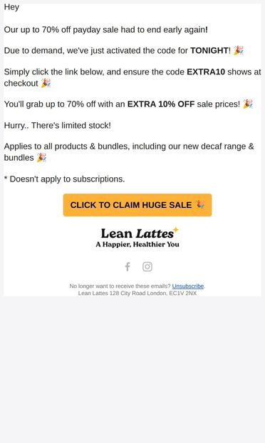 Ends Tonight! Up To 70% OFF 🎉 - email from Lean Lattes