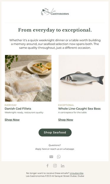 Seafood for every occasion - email from Les Gastronomes