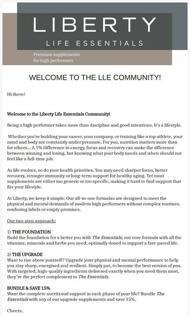 Welcome to the LLE Community! - email from Liberty Life Essentials