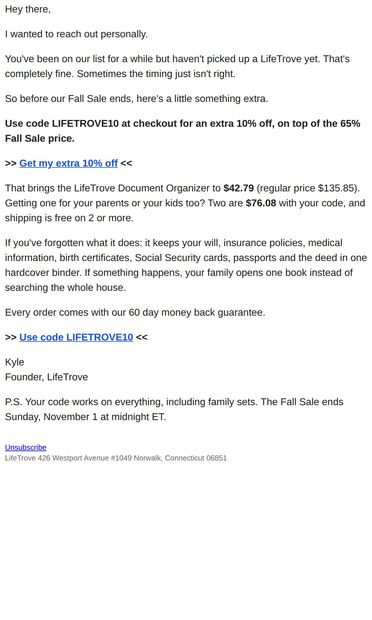 Hey, an extra 10% off just for you - email from LifeTrove