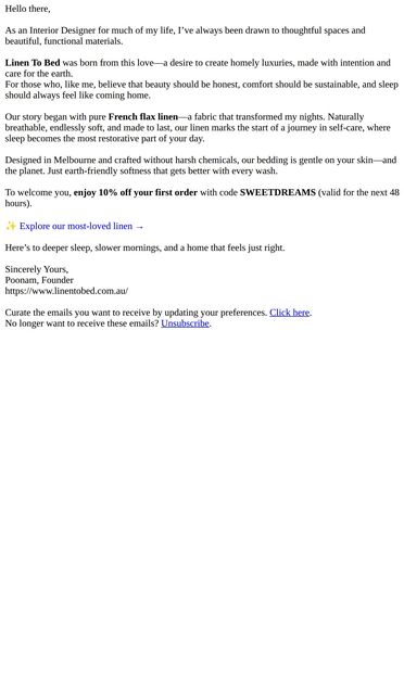 Exclusive from our founder - email from Linen to Bed